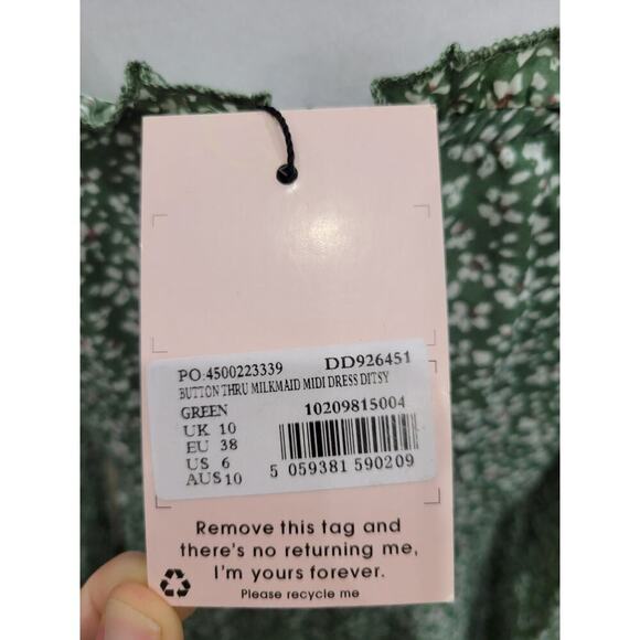 Missguided Women's Button Thru Milkmaid Midi Dress Ditsy Green‎ Size 6 NEW - Picture 16 of 16